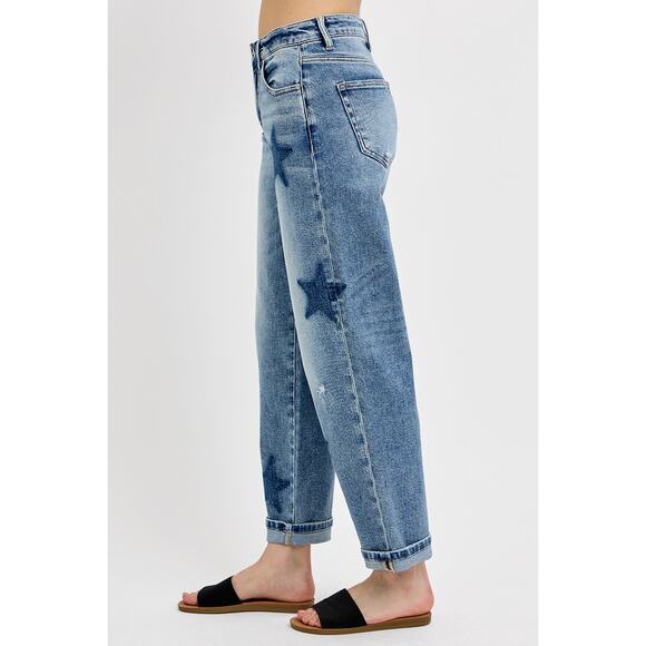 RISEN Mid Rise Boyfriend Star Shadow Detail Cuffed Jeans - PGA21091 - Size 5/27 - Picture 4 of 6